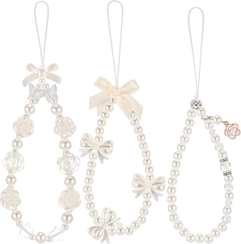 Ecally Store 3 Pcs Phone Charms Strap Camera Charm Strap Pearl Beaded Butterfly Bow Flower Cute Phone Wrist Lanyard Bracelet for Camera Keychain Wallet Decor Valentine Gifts - Image 1